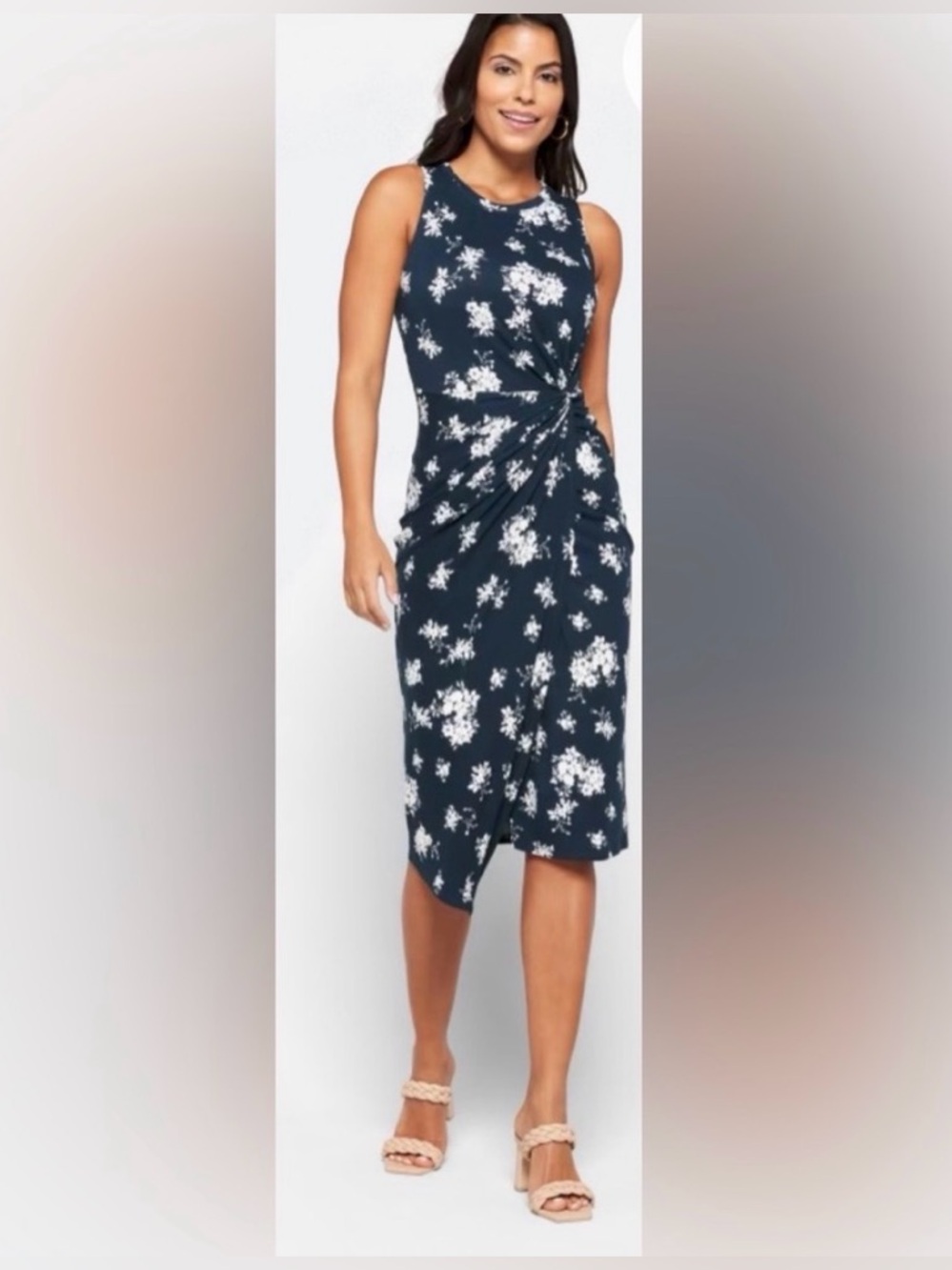 nine britton Navy and White Floral Twist-Front Midi Dress - Picture 7 of 7